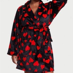 Victoria's Secret Black Plush Robe with Red Heart Print